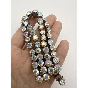 Vintage Weiss AB Rhinestone Bracelet Gold Tone Signed 6.5”